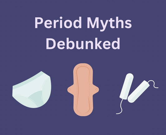 Text reading Period Myths Debunked on a daerk purple background with illustrations of period pants, a cloth pad and tampons