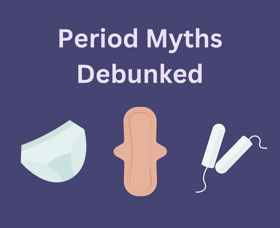 Text reading Period Myths Debunked on a daerk purple background with illustrations of period pants, a cloth pad and tampons